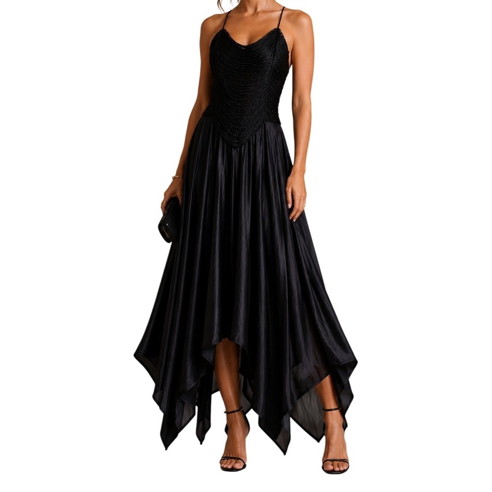 Black Fringe Handkerchief Hem Evening Gown Maxi Dress WOMEN'S M
